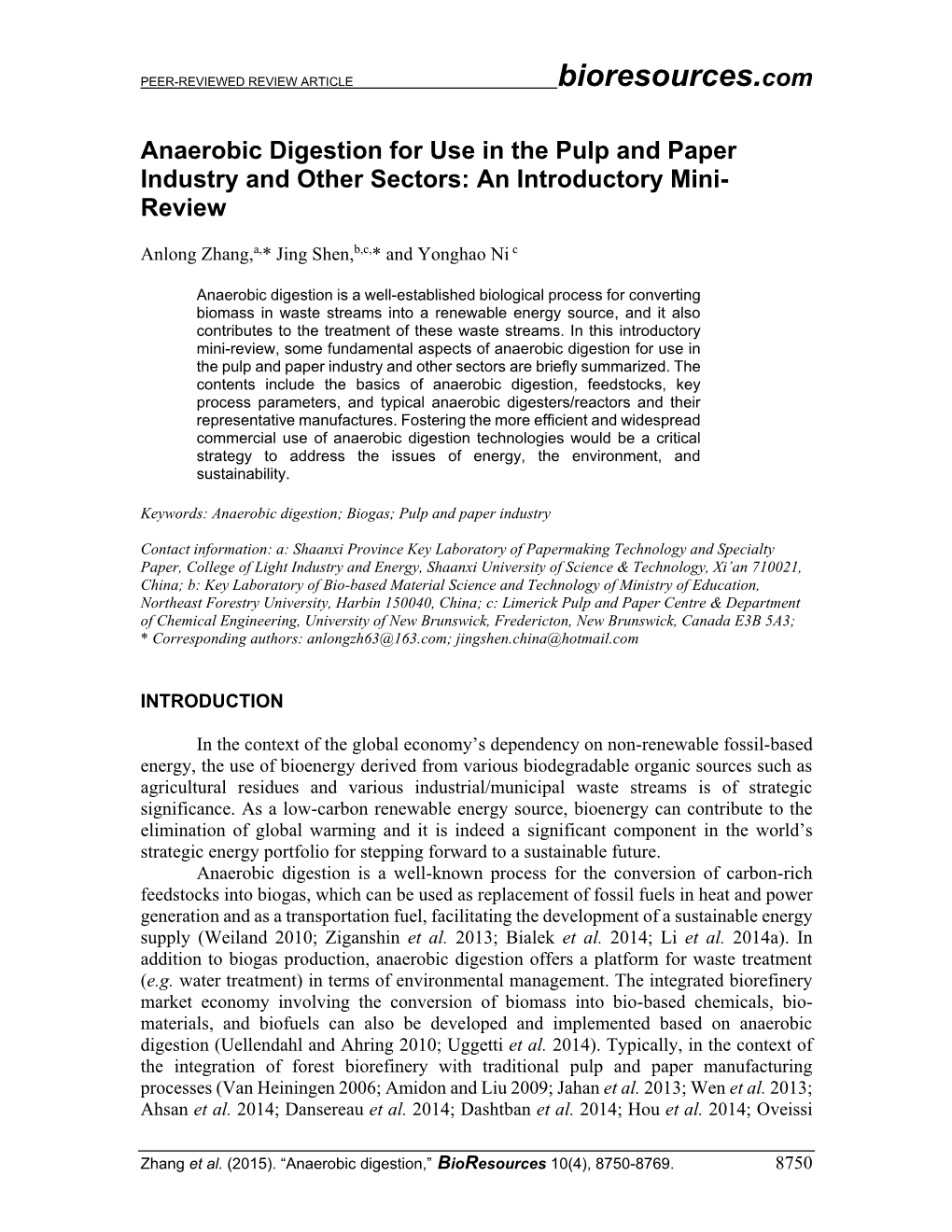 Anaerobic Digestion for Use in the Pulp and Paper Industry and Other Sectors: an Introductory Mini- Review