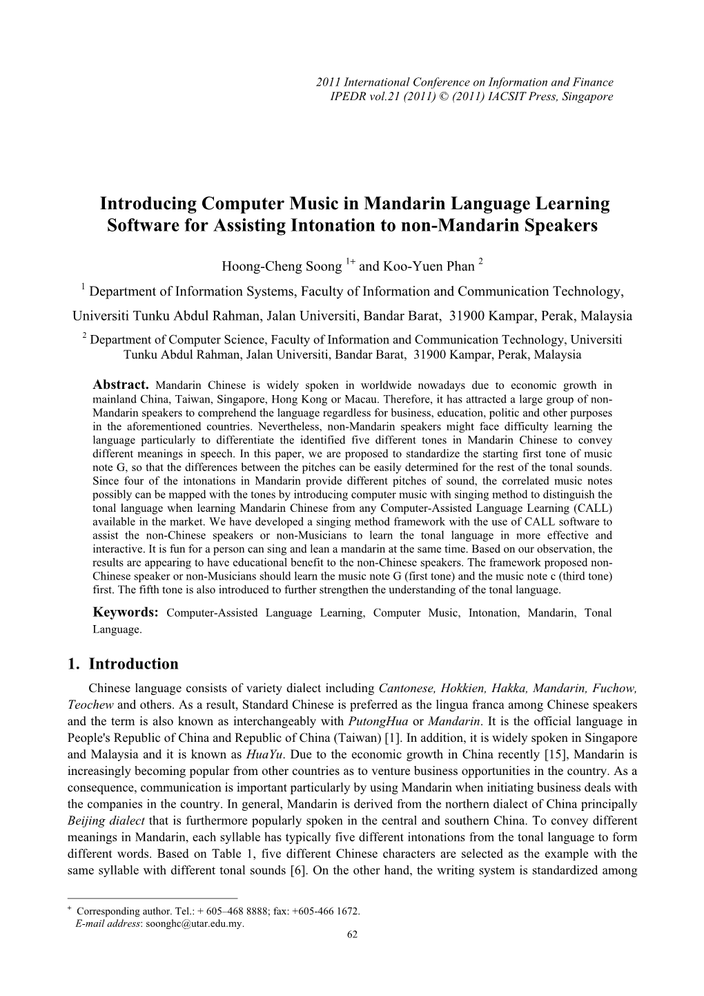 Introducing Computer Music in Mandarin Language Learning Software for Assisting Intonation to Non-Mandarin Speakers