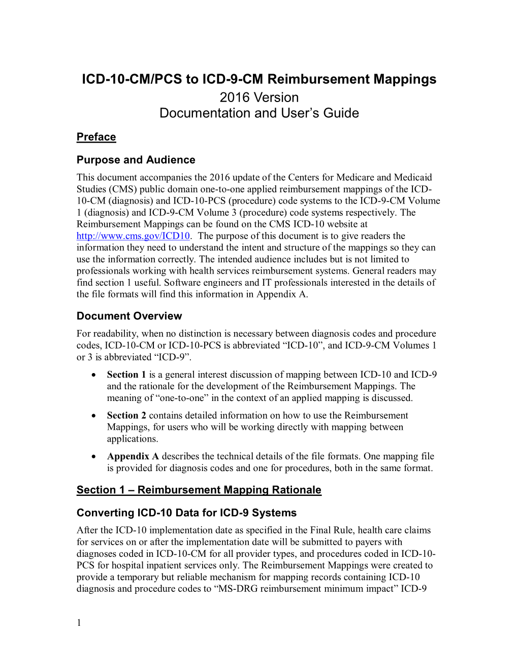 ICD-10-CM/PCS to ICD-9-CM Reimbursement Mappings 2016 Version Documentation and User’S Guide