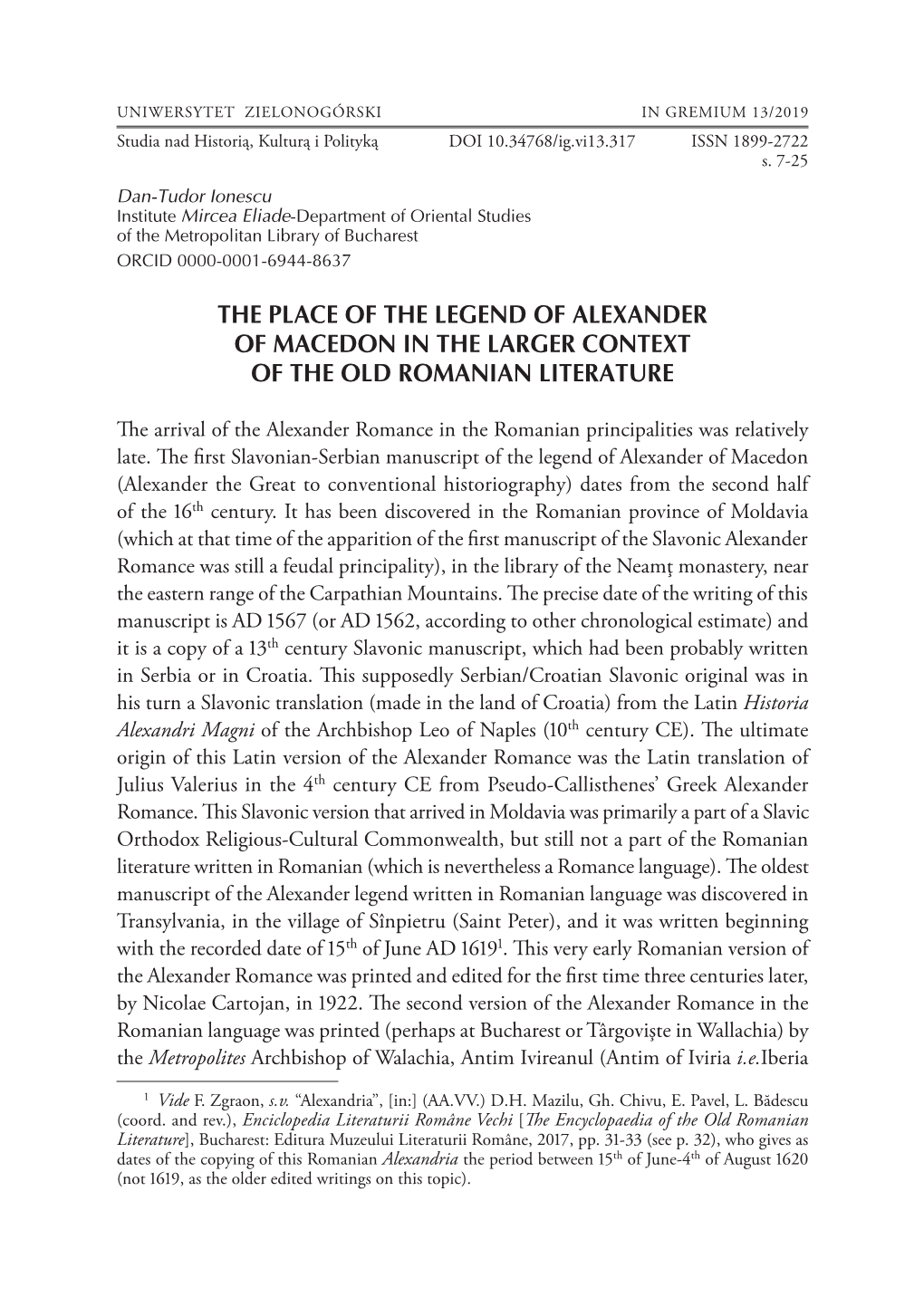 The Place of the Legend of Alexander of Macedon in the Larger Context of the Old Romanian Literature