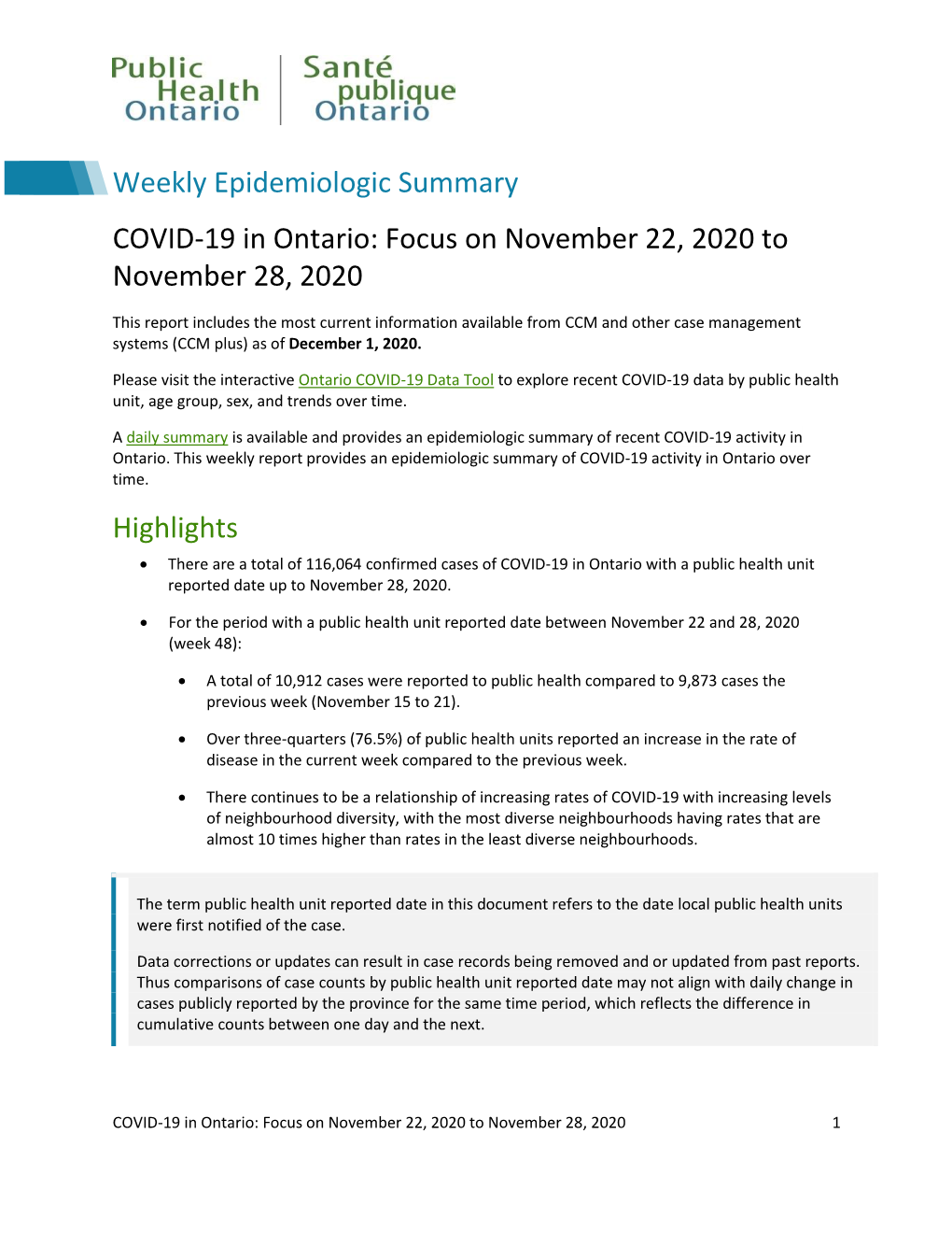 COVID-19 in Ontario: Focus on November 22, 2020 to November 28, 2020