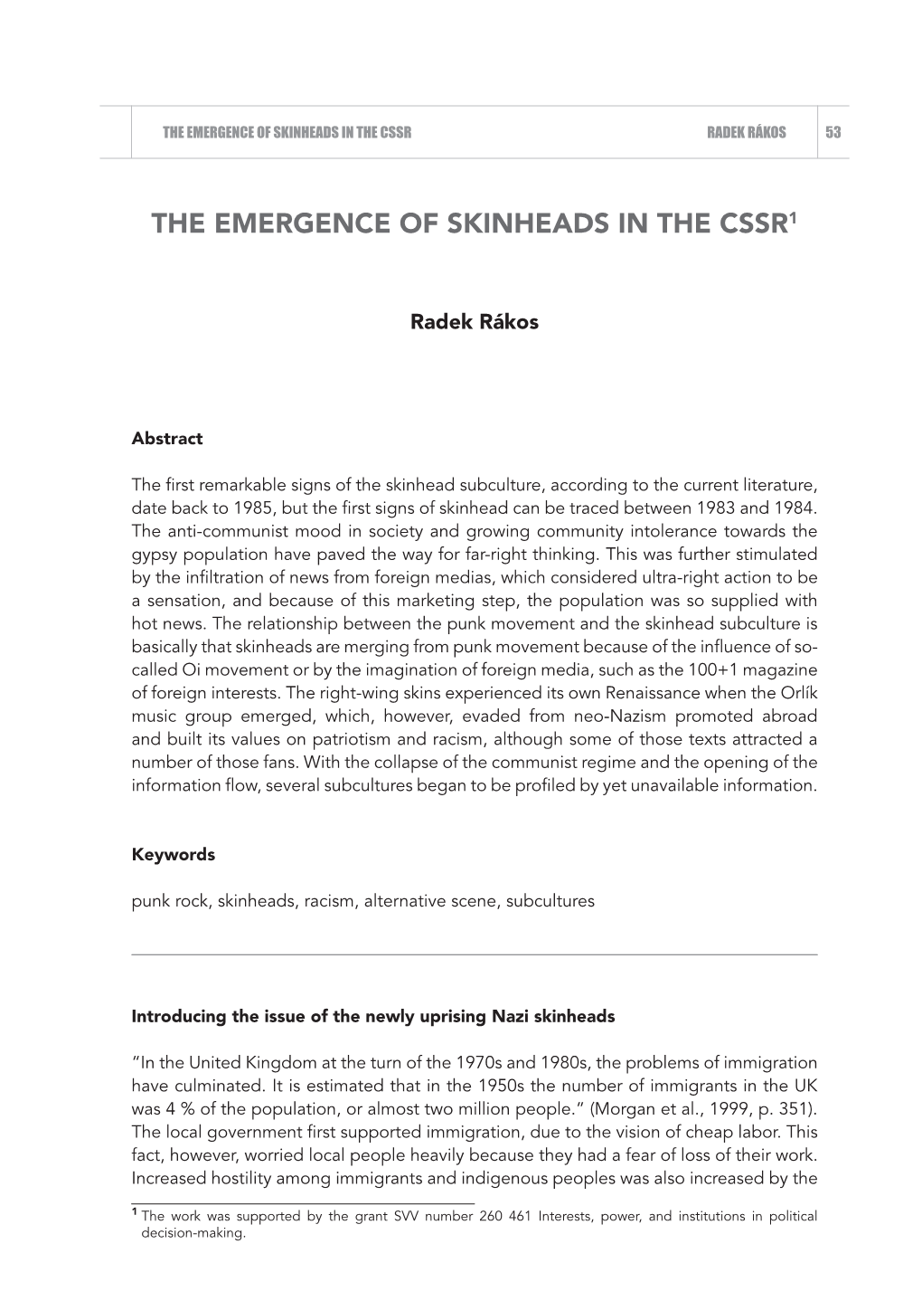 The Emergence of Skinheads in the Cssr Radek Rákos 53