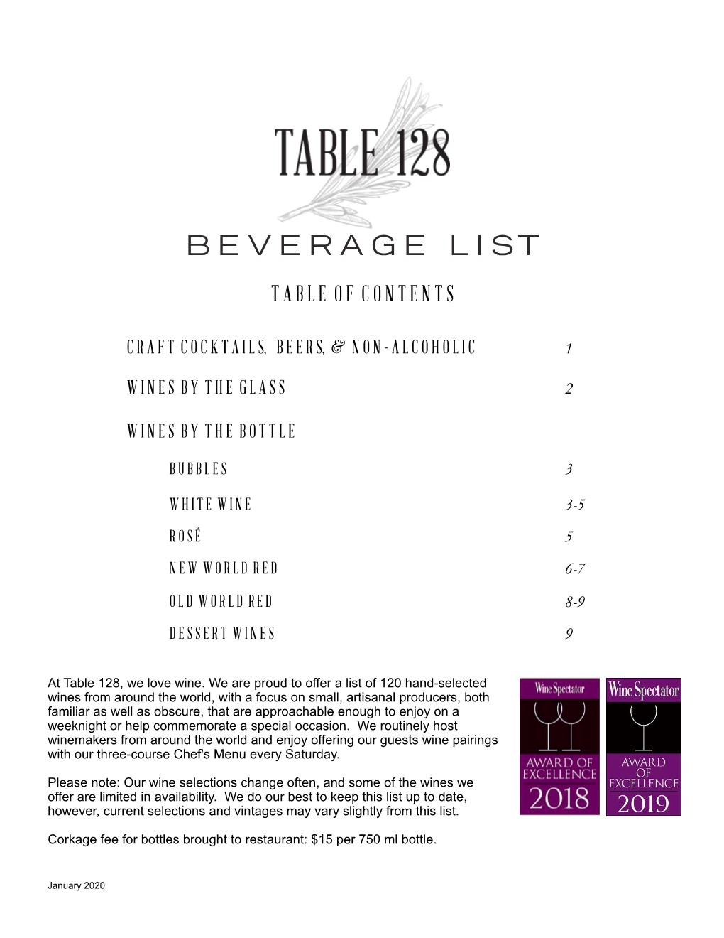 T128 Beverage List 1.2020