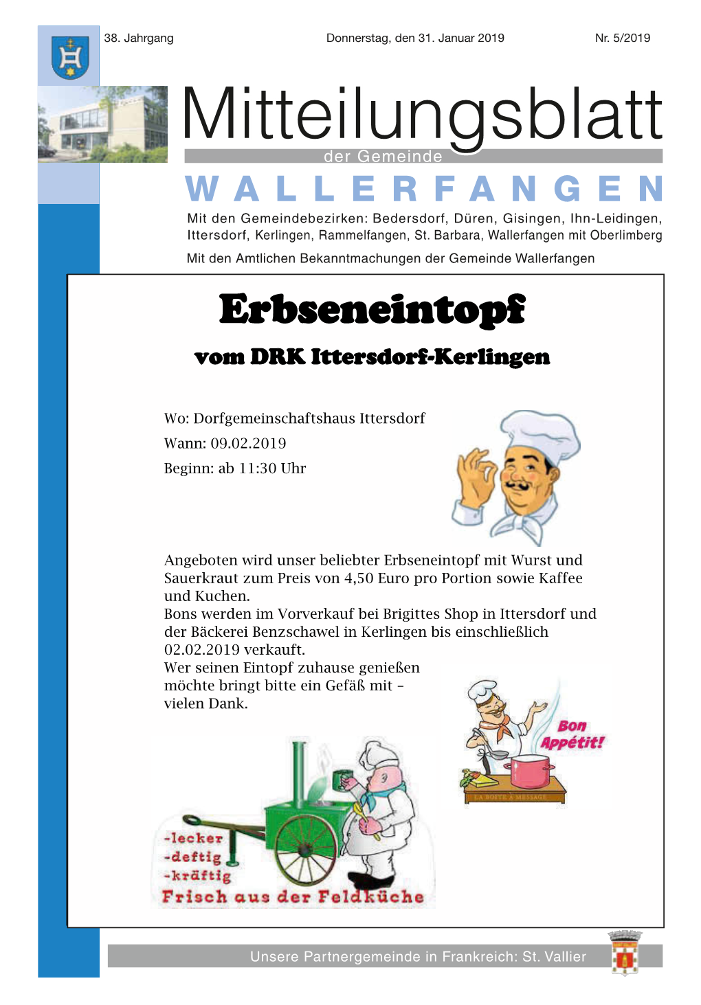 Mitteilungsblatt Der Gemeinde Wallerfangen Mit Den Gemeindebezirken: Bedersdorf, Düren, Gisingen, Ihn-Leidingen , Ittersdorf, Kerlingen, Rammelfangen, St