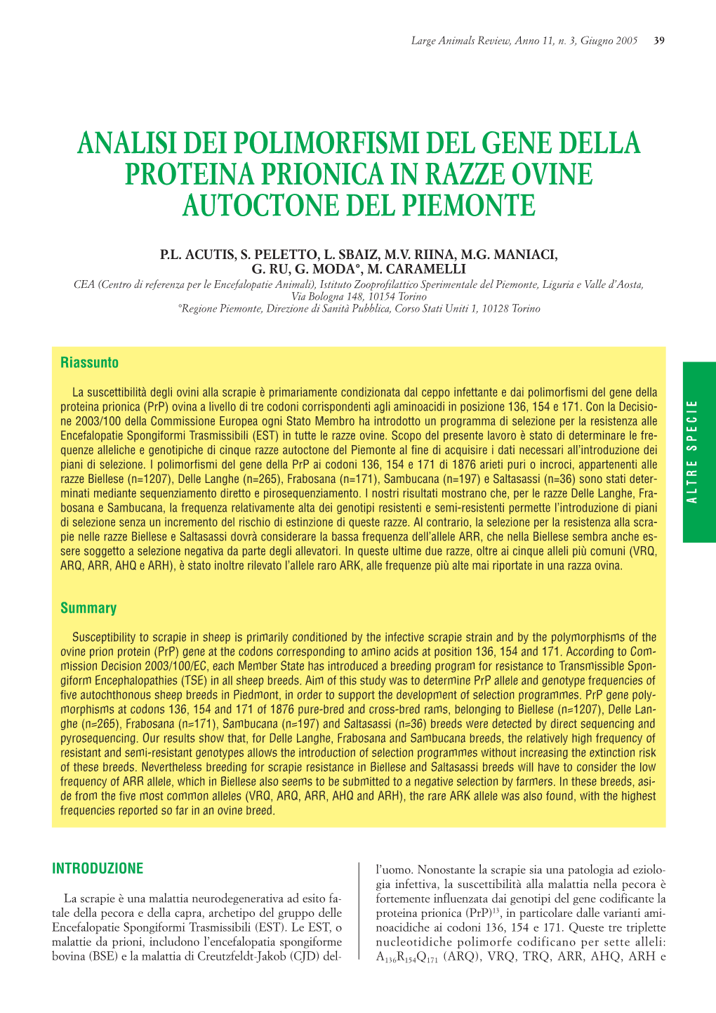 Analisi Dei Polimorfismi Del Gene Della Proteina Prionica in Razze Ovine Autoctone Del Piemonte