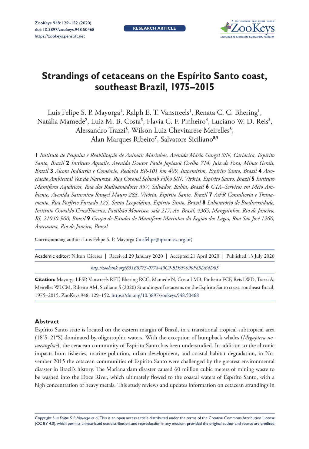 Strandings of Cetaceans on the Espírito Santo Coast, Southeast Brazil, 1975–2015