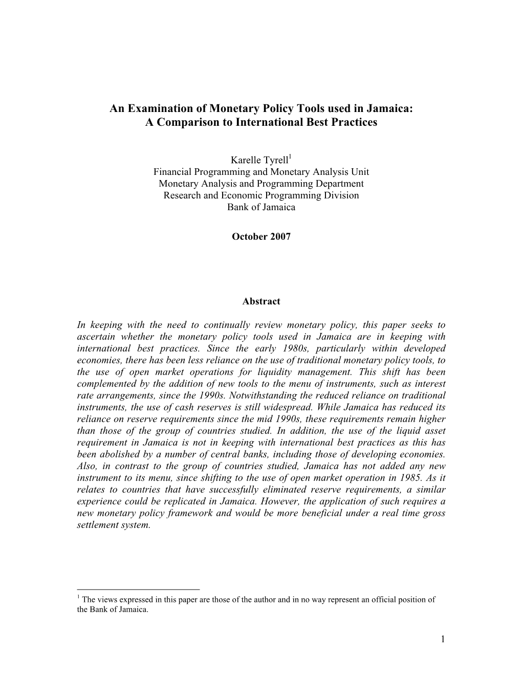 An Examination of Monetary Policy Tools Used in Jamaica: a Comparison to International Best Practices