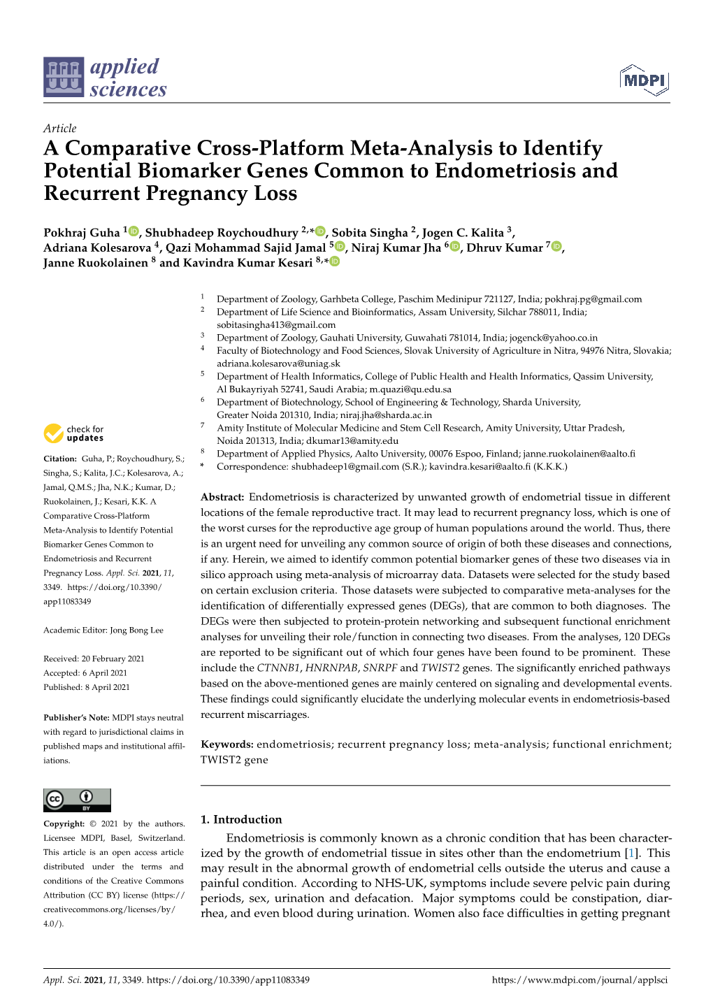 A Comparative Cross-Platform Meta-Analysis to Identify Potential Biomarker Genes Common to Endometriosis and Recurrent Pregnancy Loss