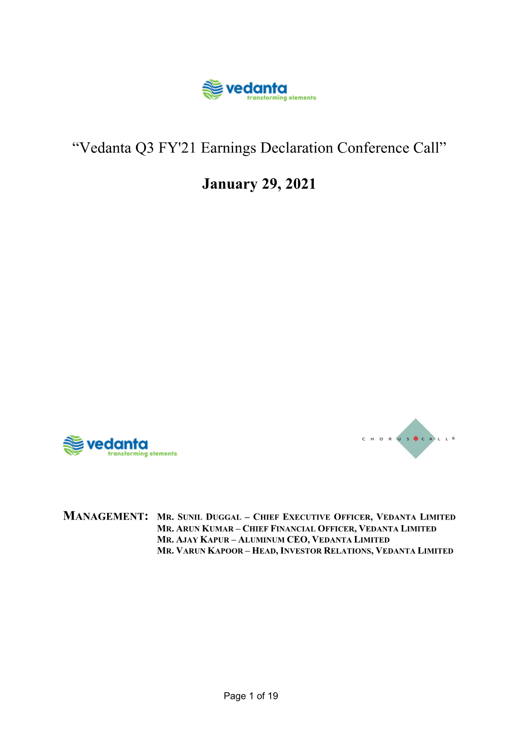 Vedanta Q3 FY'21 Earnings Declaration Conference Call”