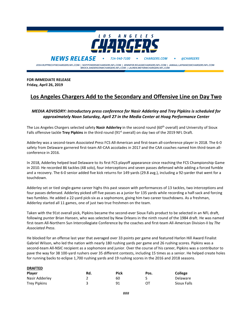 Los Angeles Chargers Add to the Secondary and Offensive Line on Day Two