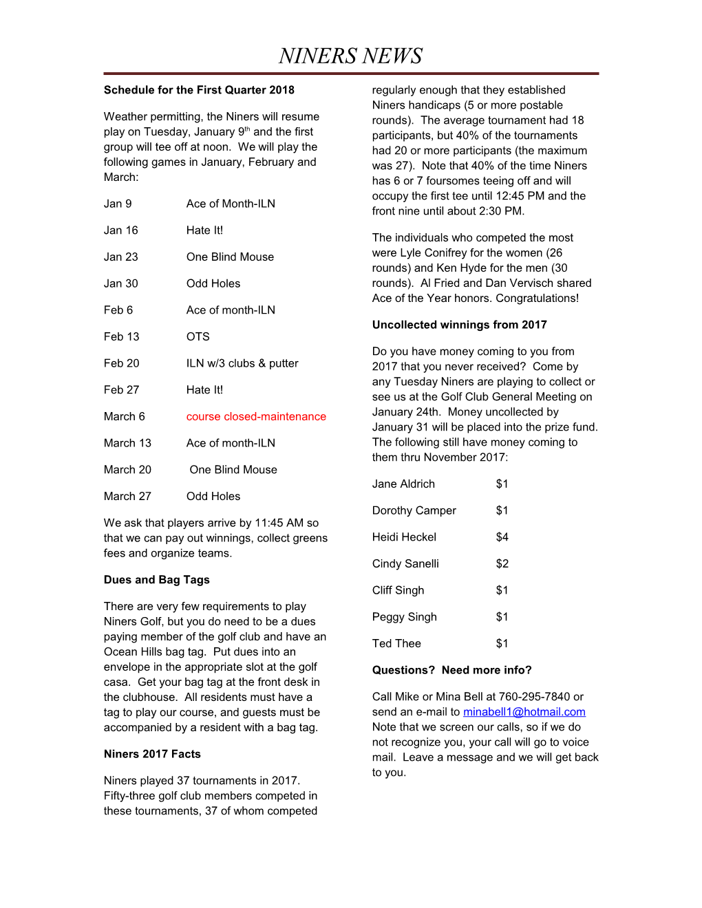 Schedule for the First Quarter 2018