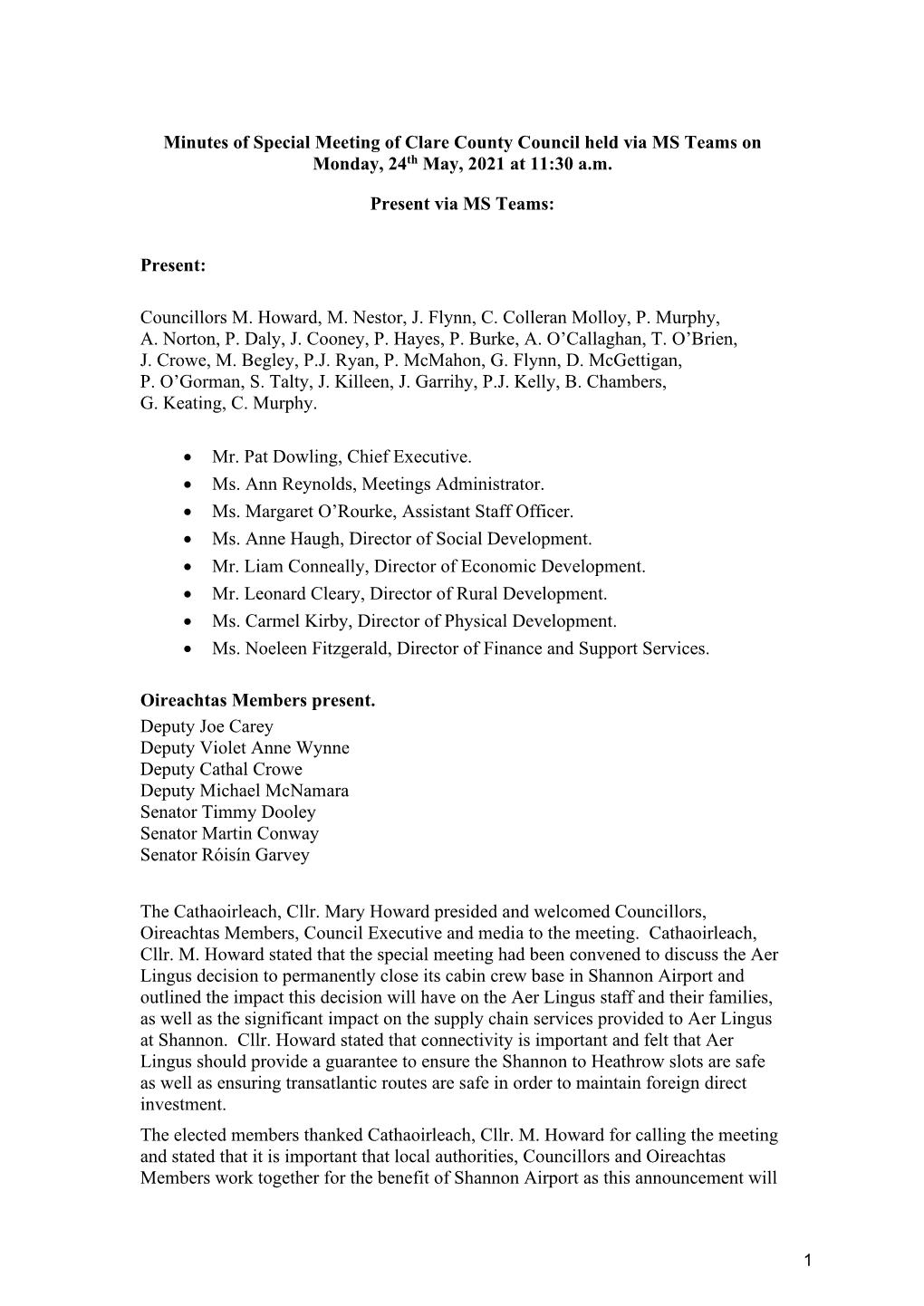 Minutes of Special Meeting of Clare County Council Held Via MS Teams on Monday, 24Th May, 2021 at 11:30 A.M