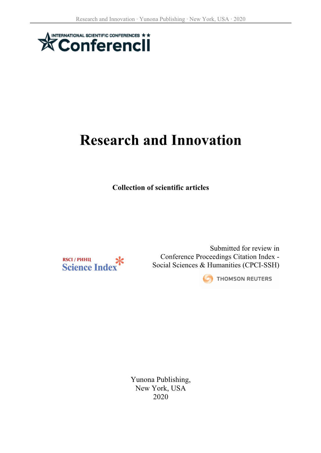 Research and Innovation ∙ Yunona Publishing ∙ New York, USA ∙ 2020