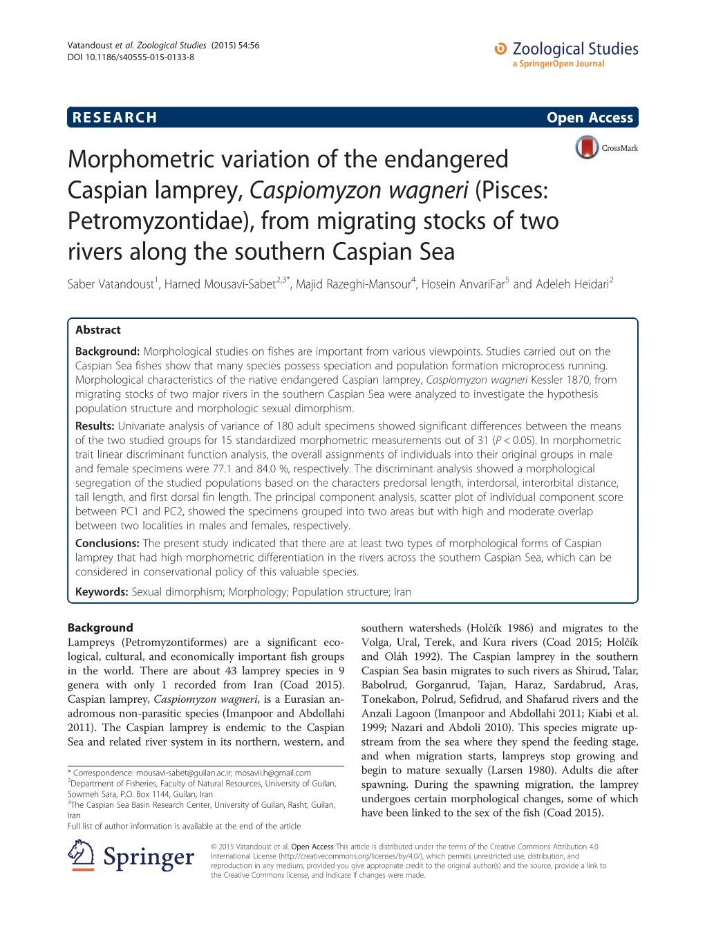 Morphometric Variation of the Endangered Caspian Lamprey, Caspiomyzon Wagneri