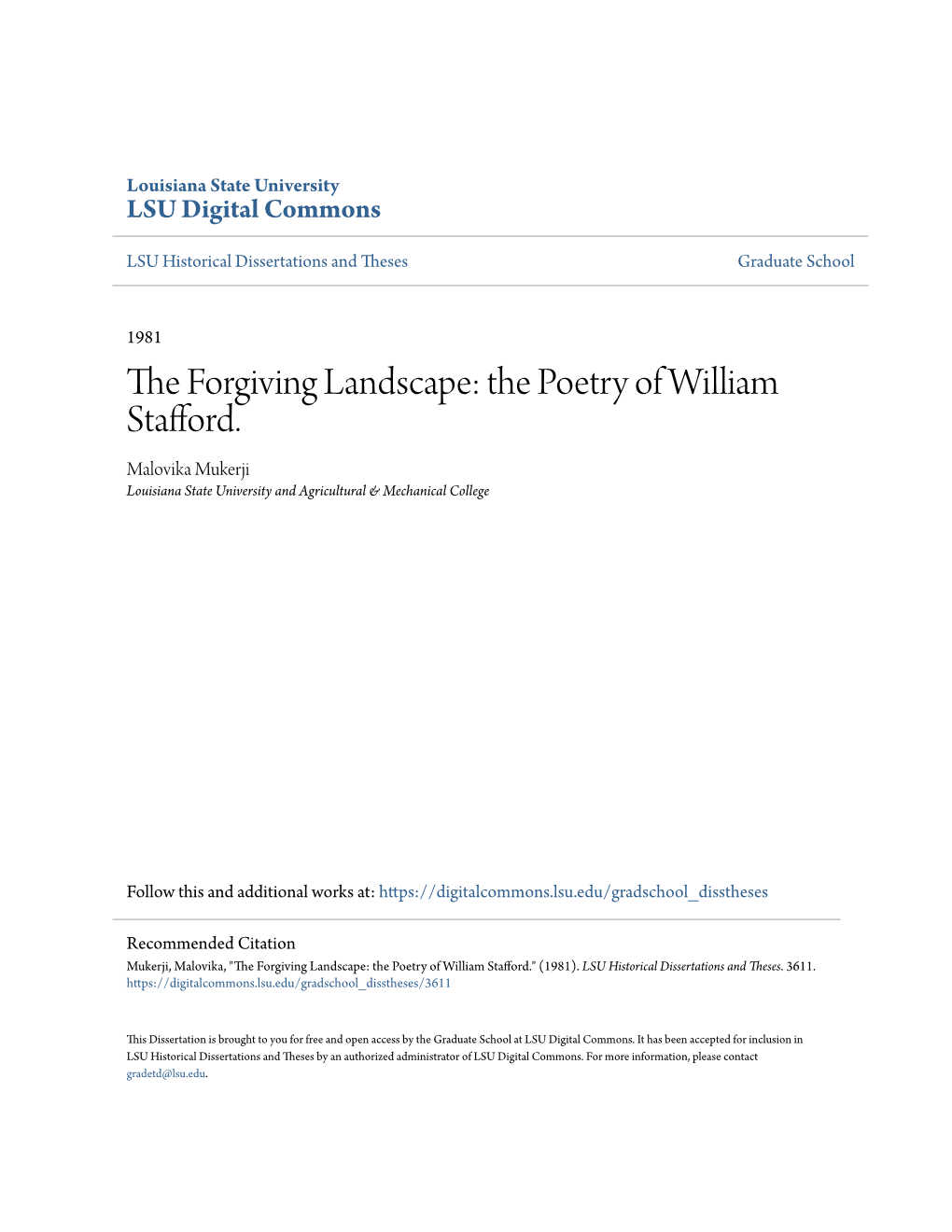 The Poetry of William Stafford. Malovika Mukerji Louisiana State University and Agricultural & Mechanical College