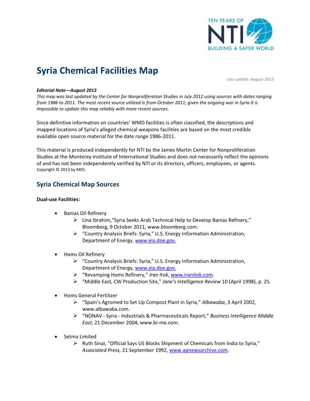 Syria Chemical Facilities Map Last Update: August 2013