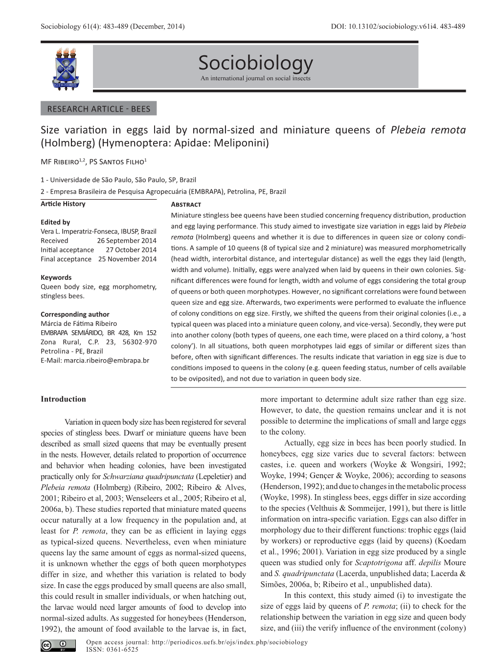 Sociobiology 61(4): 483-489 (December, 2014) DOI: 10.13102/Sociobiology.V61i4