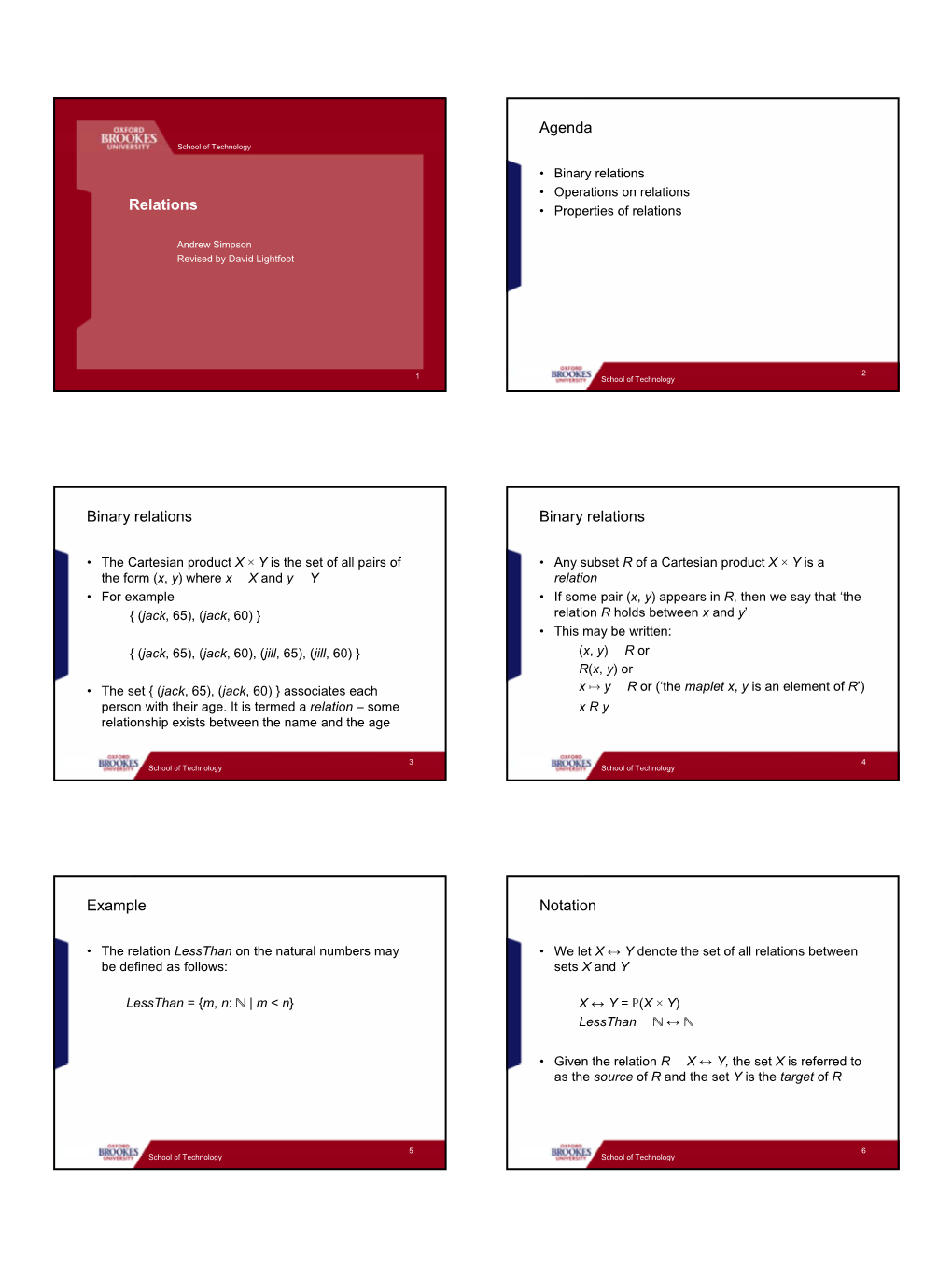 Relations Agenda Binary Relations Binary Relations Example Notation