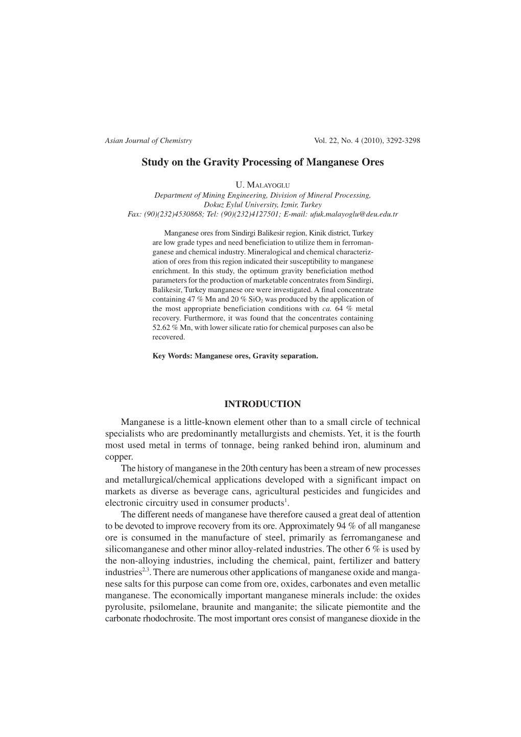 Study on the Gravity Processing of Manganese Ores