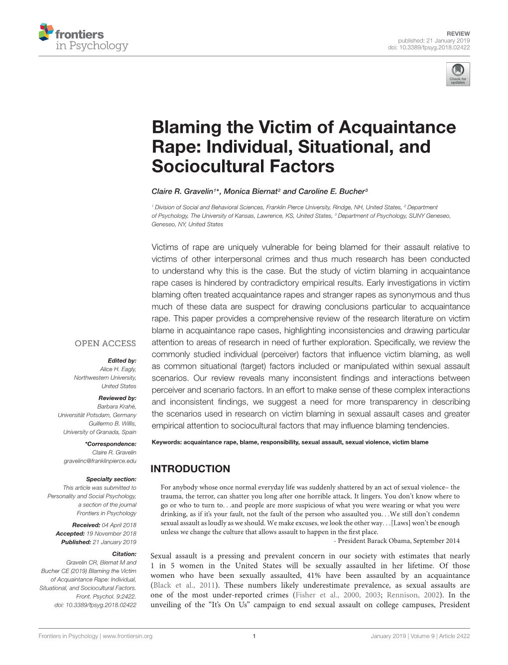 Blaming the Victim of Acquaintance Rape: Individual, Situational, and Sociocultural Factors