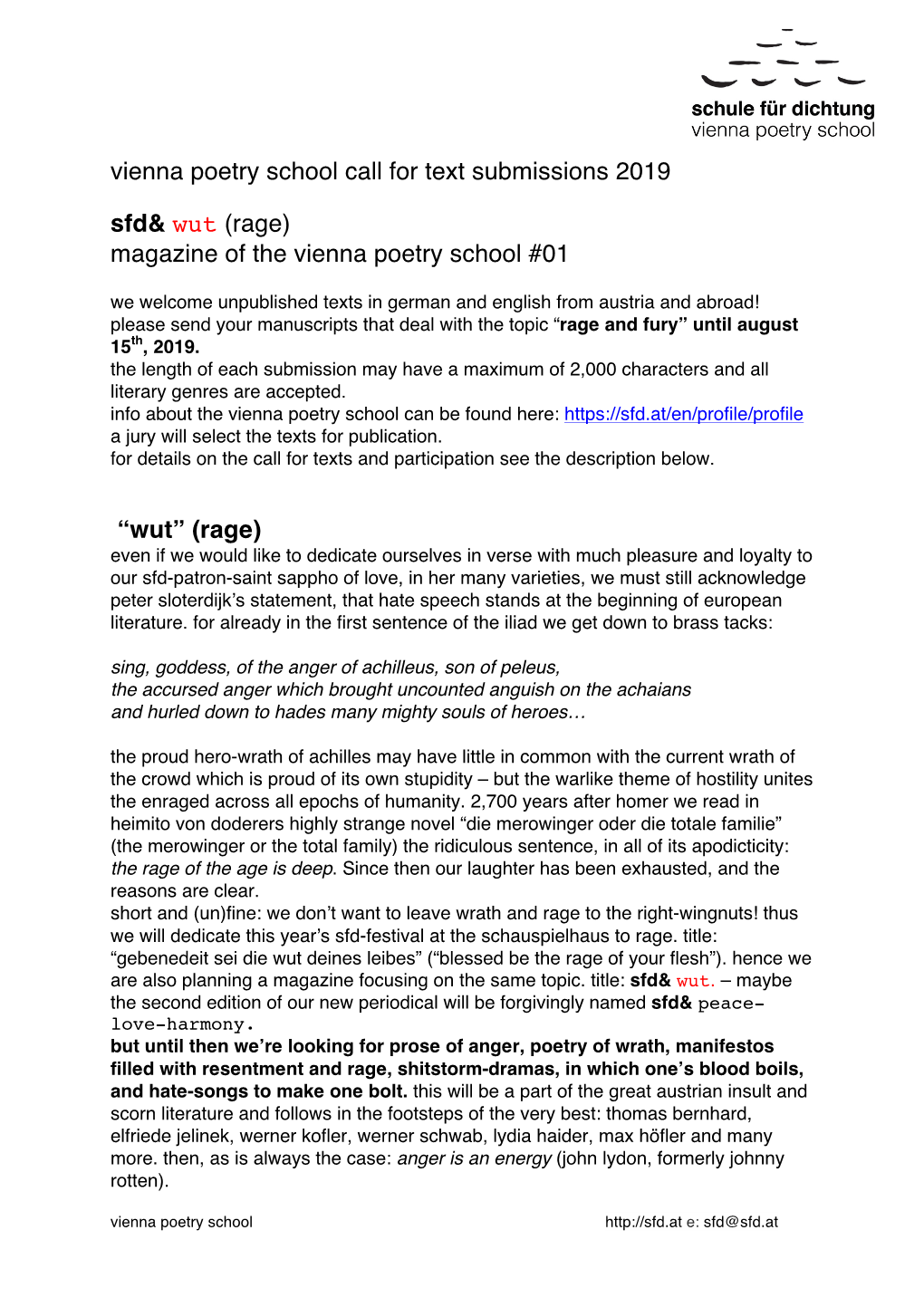 Vienna Poetry School Call for Text Submissions 2019 Sfd& Wut (Rage
