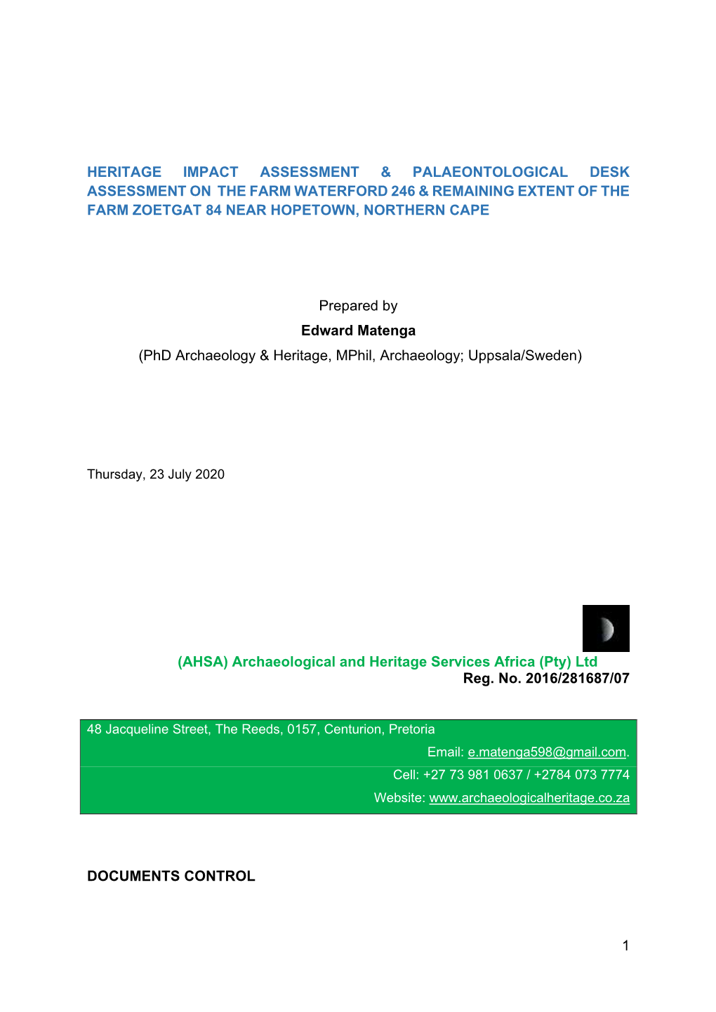 1 Heritage Impact Assessment & Palaeontological Desk