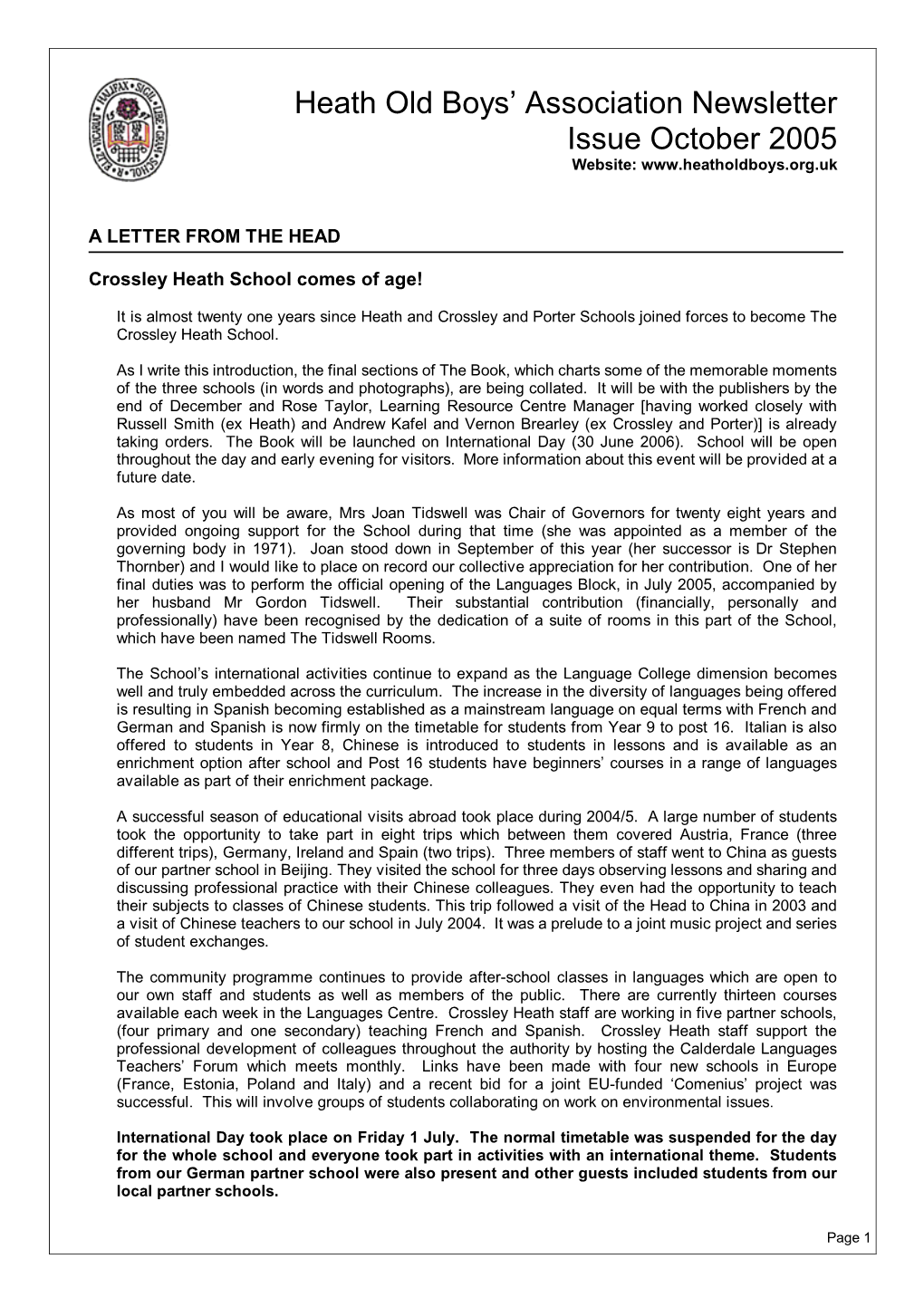 Heath Old Boys' Association Newsletter Issue October 2005