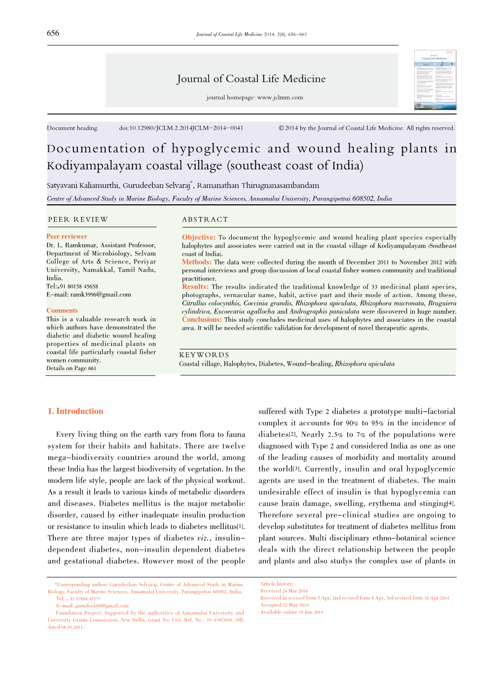 Documentation of Hypoglycemic and Wound Healing Plants in Kodiyampalayam Coastal Village (Southeast Coast of India)