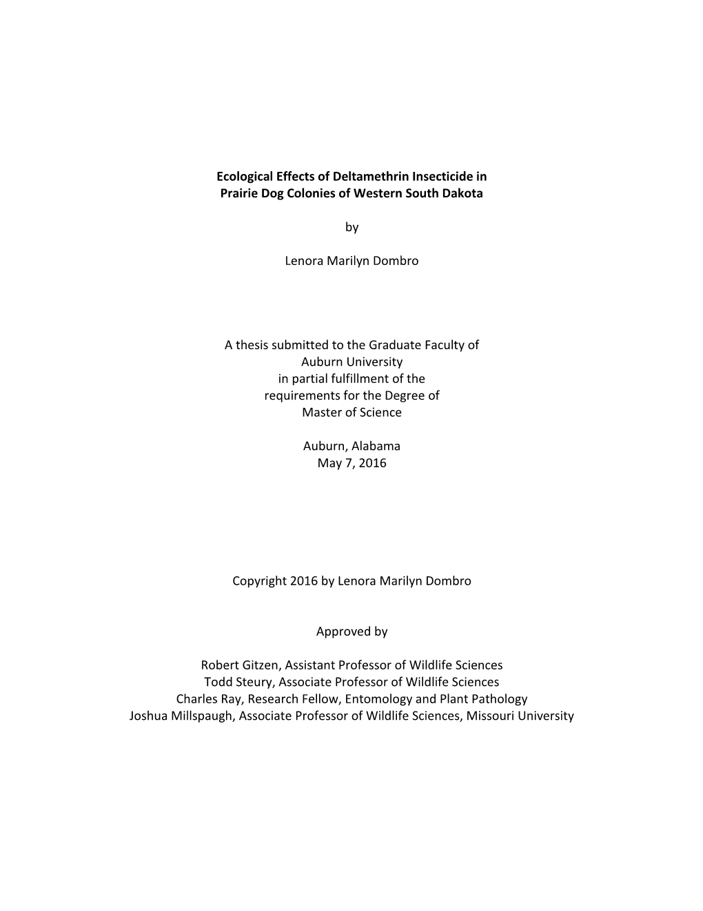 Ecological Effects of Deltamethrin Insecticide in Prairie Dog Colonies of Western South Dakota