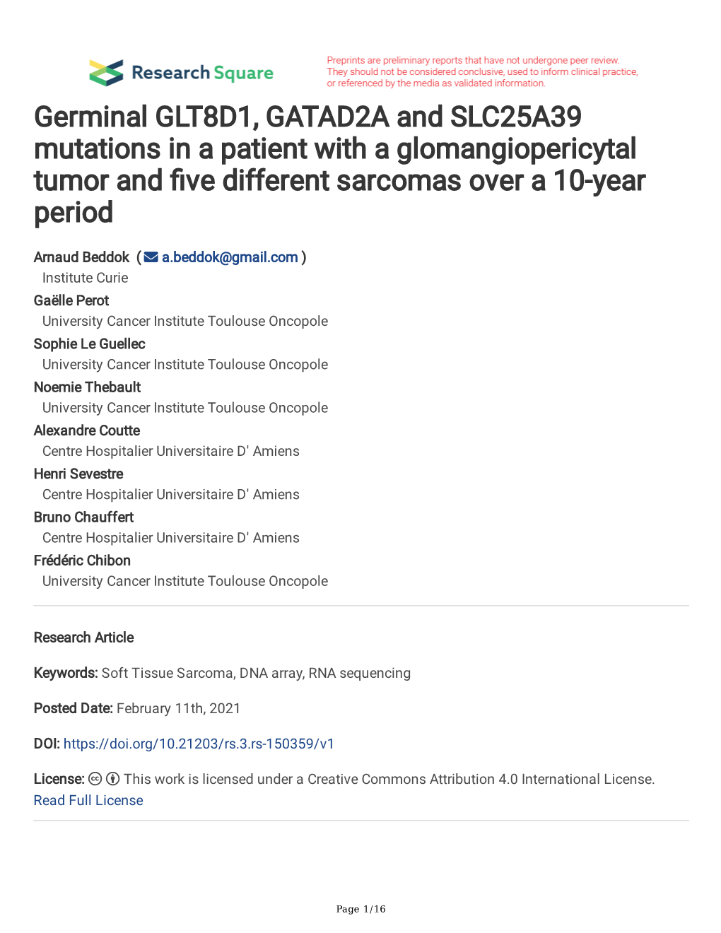 Germinal GLT8D1, GATAD2A and SLC25A39 Mutations in a Patient with a Glomangiopericytal Tumor and Fve Different Sarcomas Over a 10-Year Period