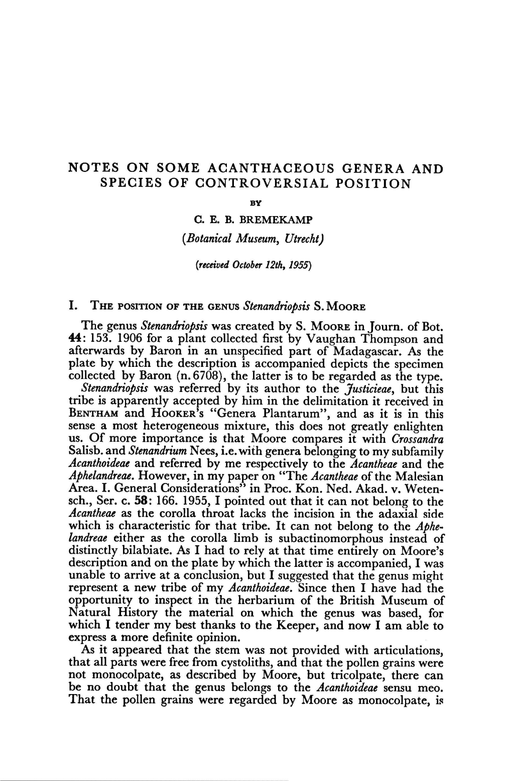 Notes on Some Acanthaceous Genera and Species of Controversial Position