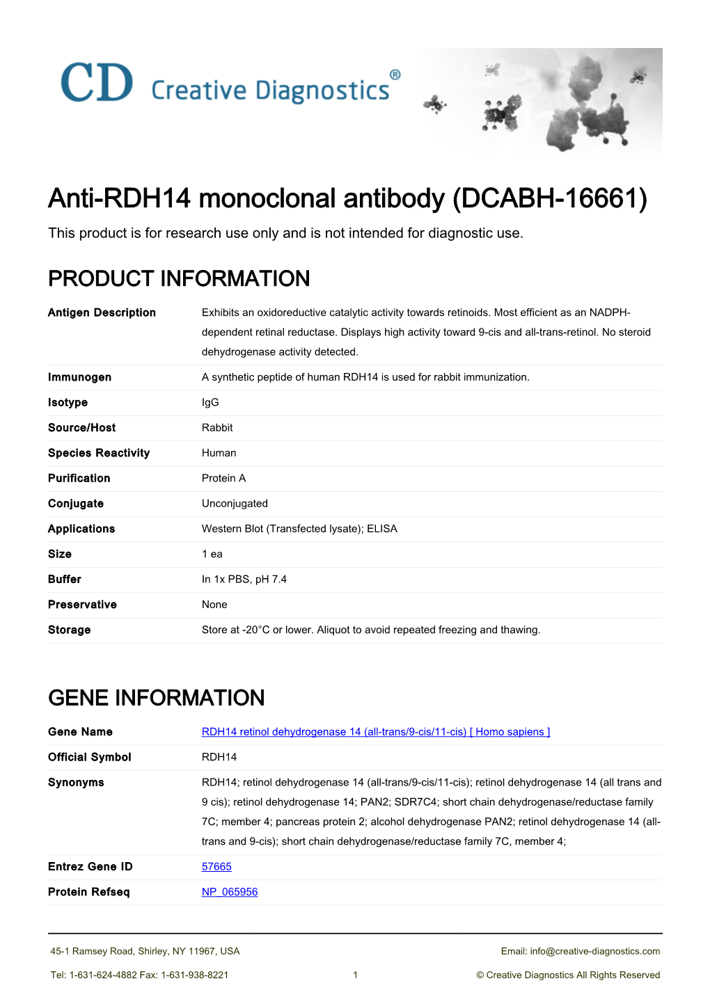 Anti-RDH14 Monoclonal Antibody (DCABH-16661) This Product Is for Research Use Only and Is Not Intended for Diagnostic Use