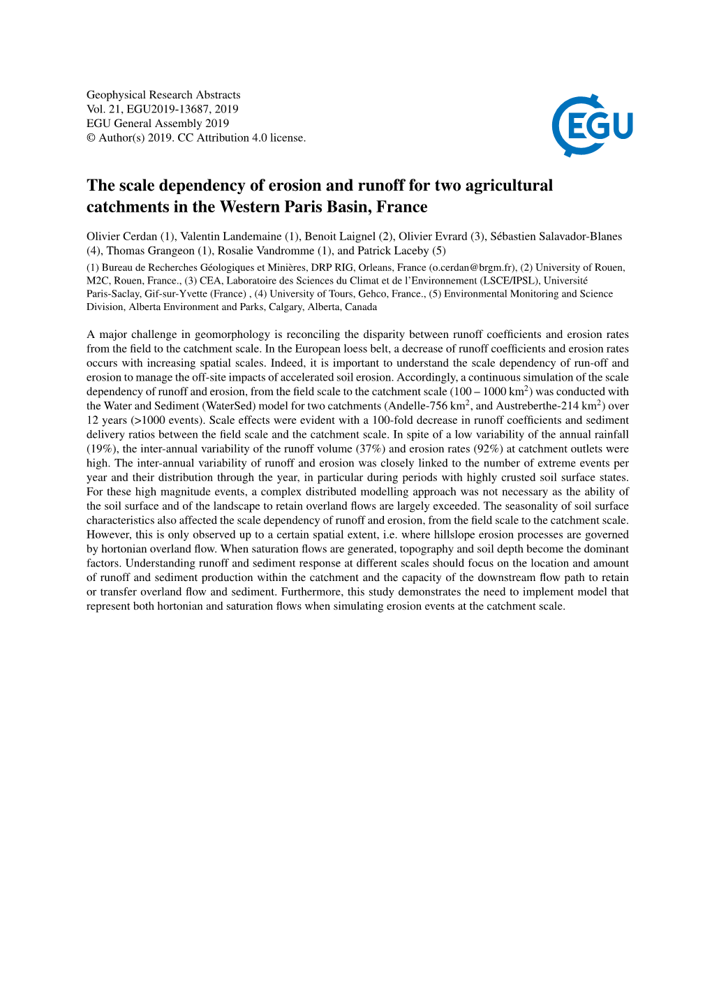 The Scale Dependency of Erosion and Runoff for Two Agricultural Catchments in the Western Paris Basin, France