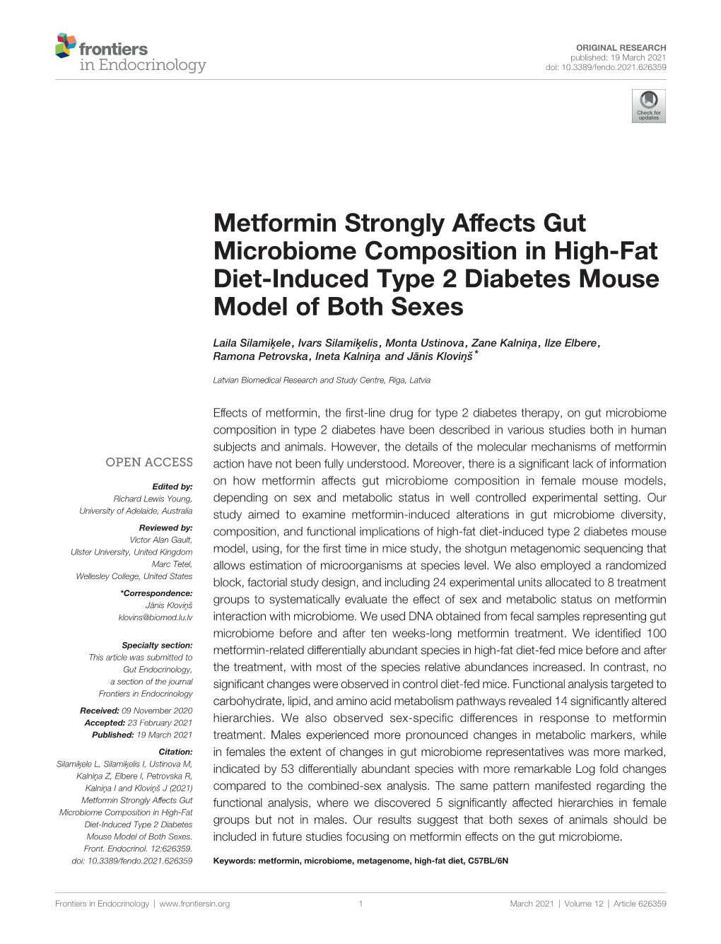 Metformin Strongly Affects Gut Microbiome Composition in High-Fat Diet-Induced Type 2 Diabetes Mouse Model of Both Sexes