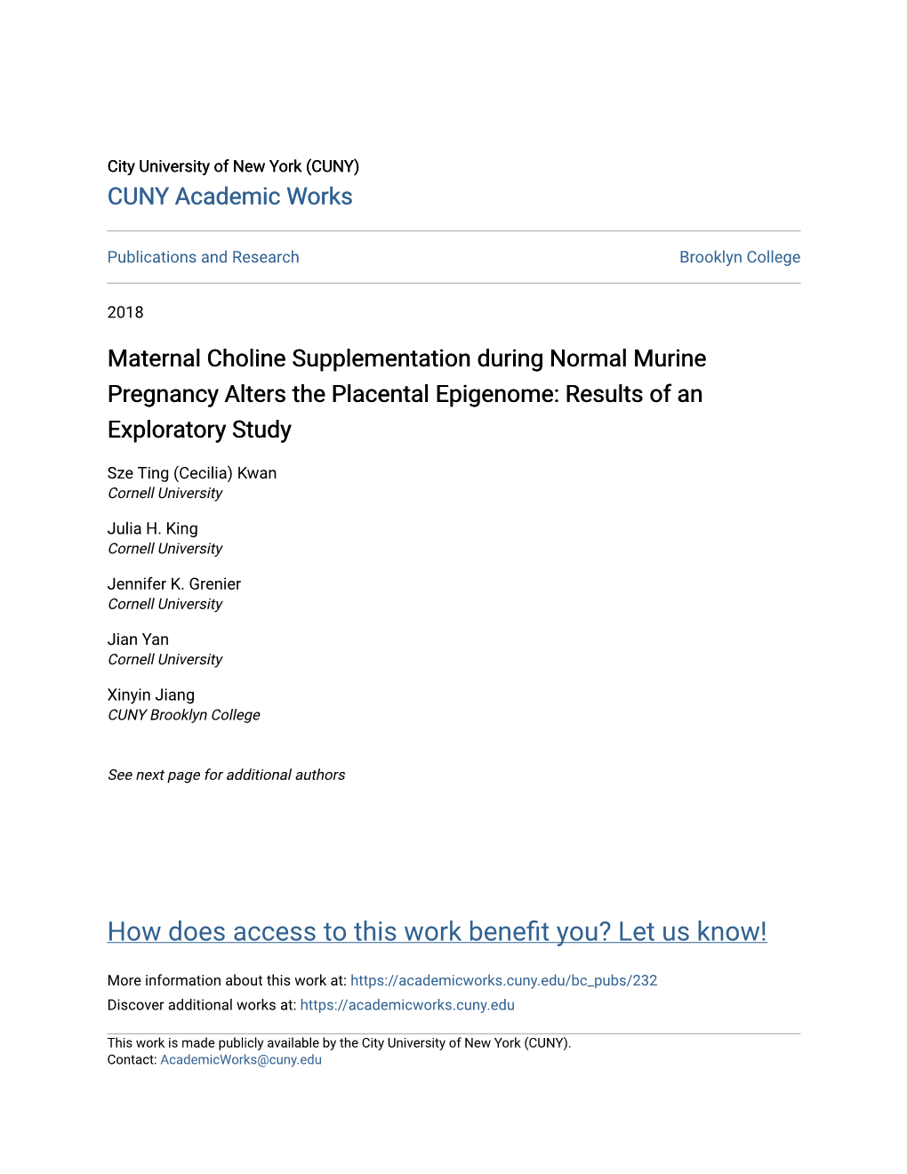 Maternal Choline Supplementation During Normal Murine Pregnancy Alters the Placental Epigenome: Results of an Exploratory Study