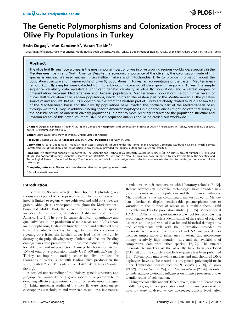 The Genetic Polymorphisms and Colonization Process of Olive Fly Populations in Turkey