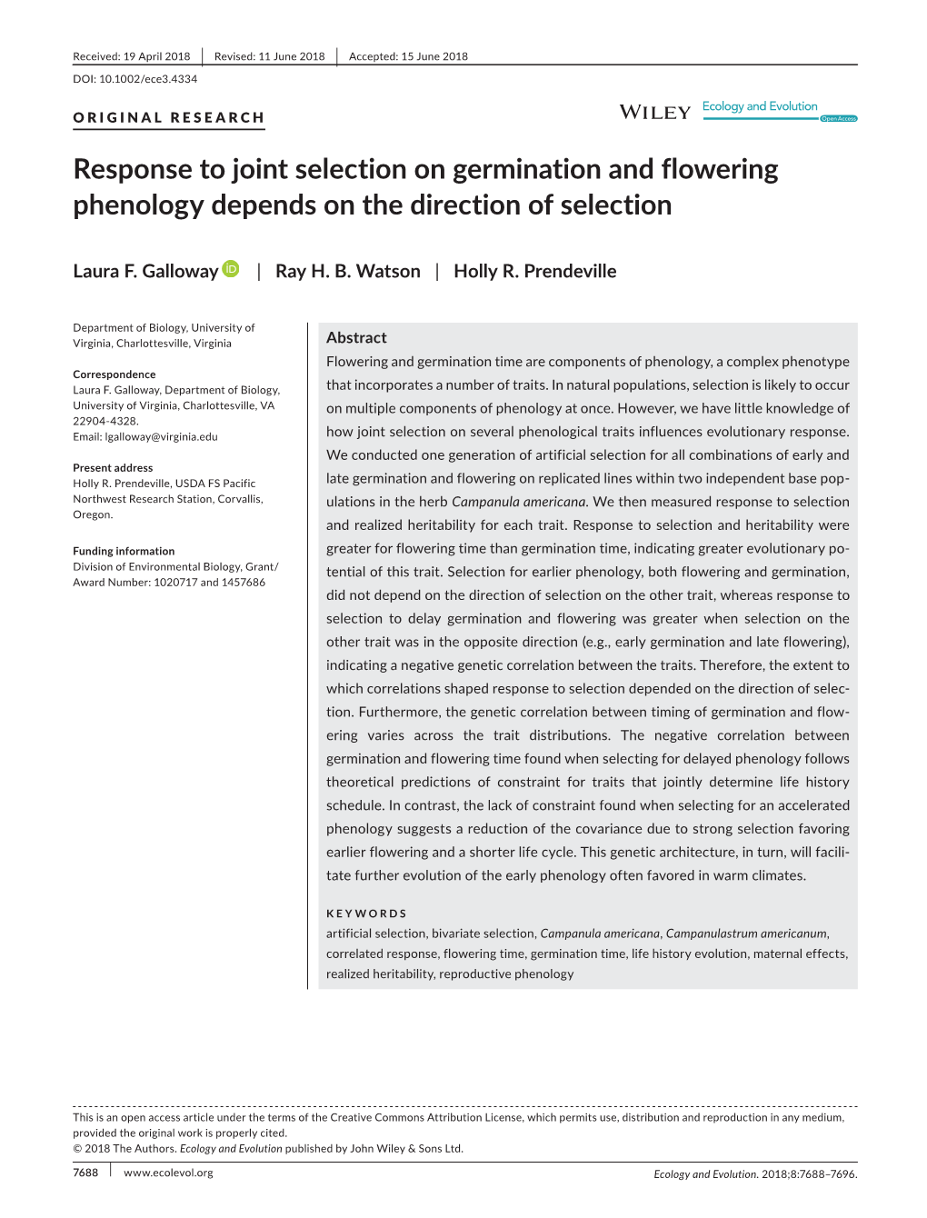 Response to Joint Selection on Germination and Flowering Phenology Depends on the Direction of Selection
