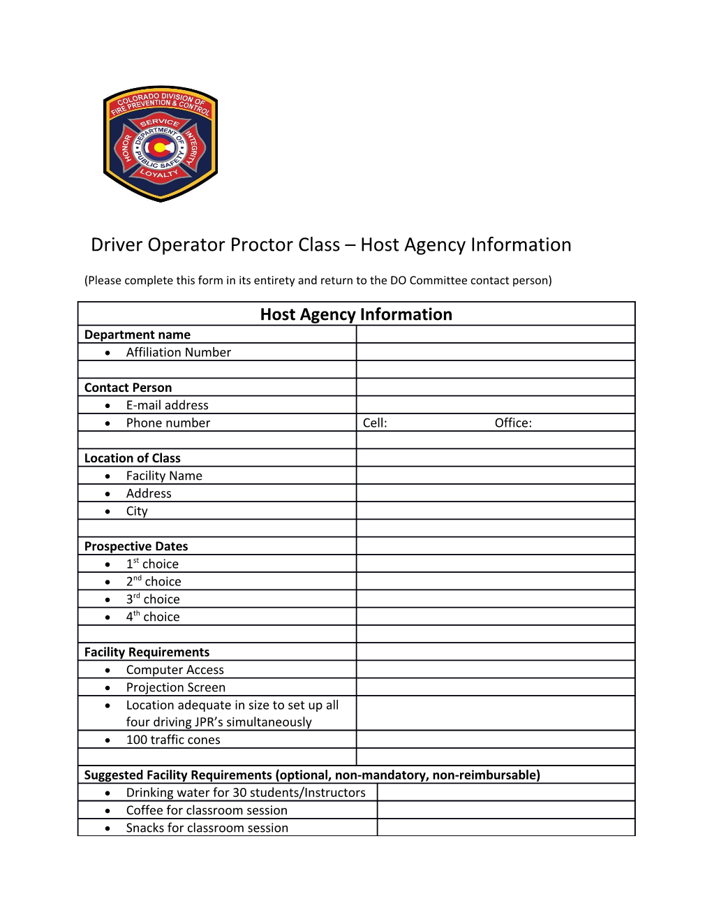 Driver Operator Proctor Class Host Agency Information