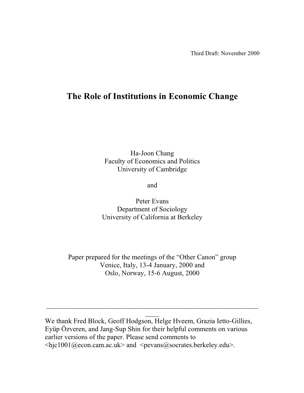 The Role of Institutions in Economic Change