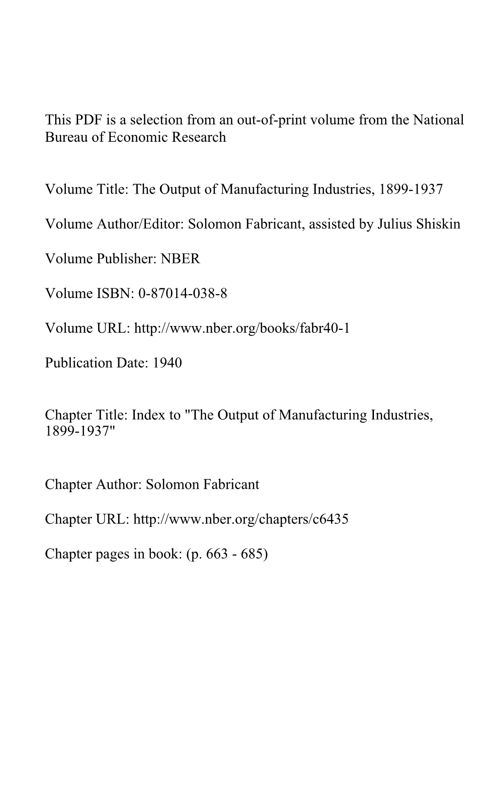 This PDF Is a Selection from an Out-Of-Print Volume from the National Bureau of Economic Research