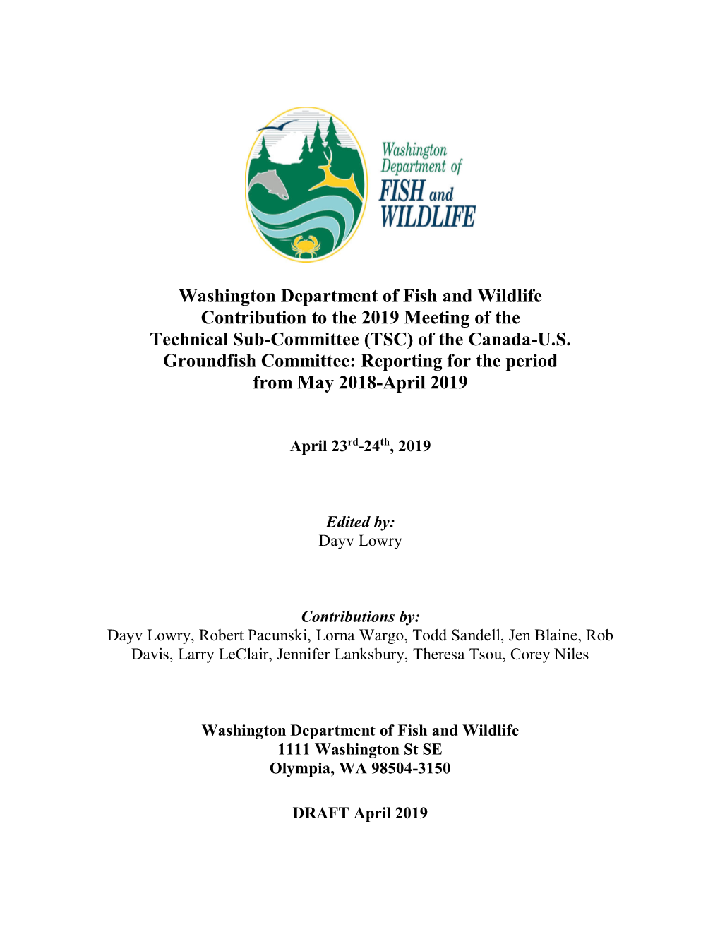 Washington Department of Fish and Wildlife Contribution to the 2019 Meeting of the Technical Sub-Committee (TSC) of the Canada-U.S