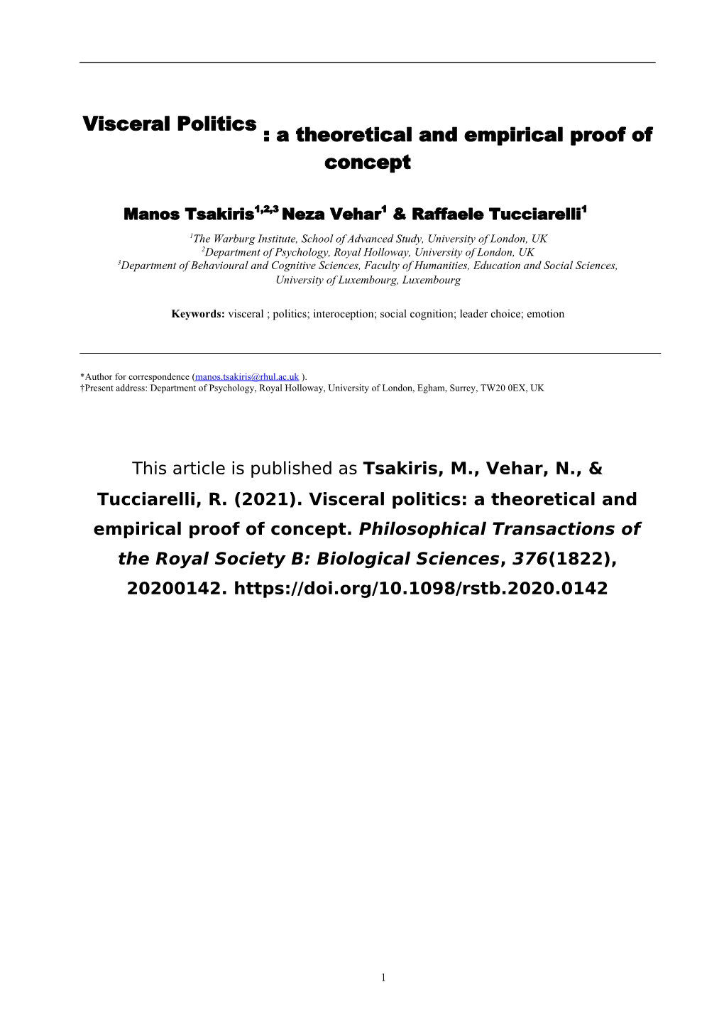 V. 2, 624-636 Allostasis: a Brain-Centered, Reason at the Heart of Political (Doi:10.1038/S41562-018-0384-6) Predictive Mode of Physiological Decision-Making