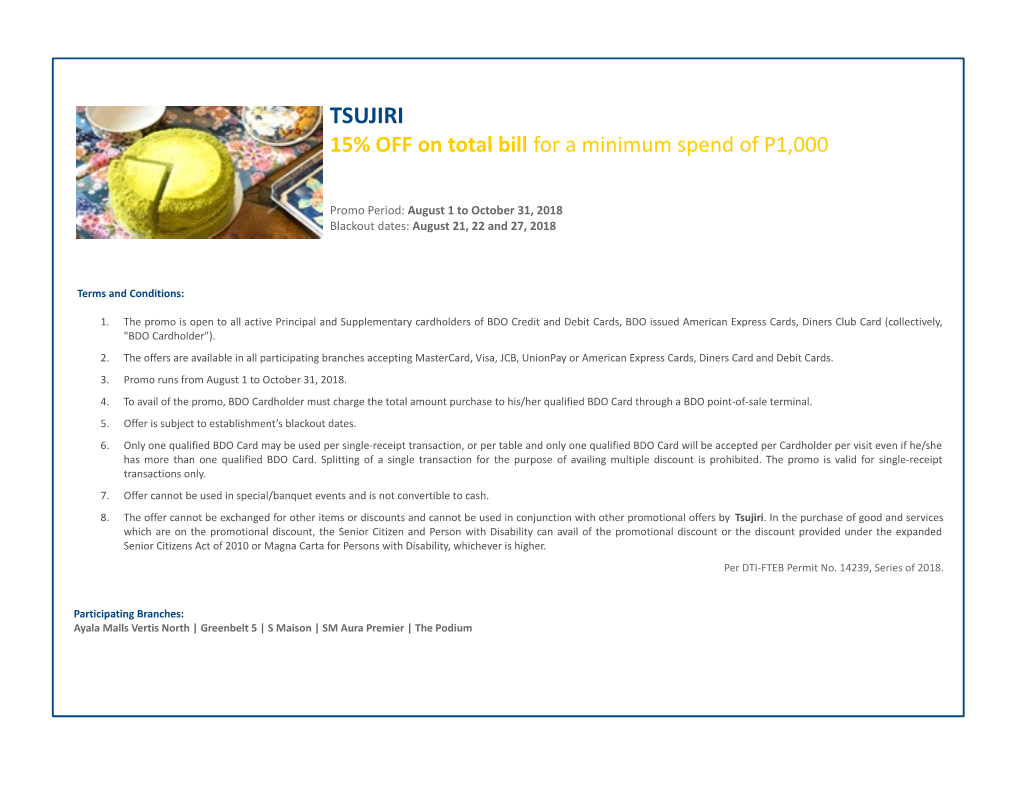 TSUJIRI 15% OFF on Total Bill for a Minimum Spend of P1,000