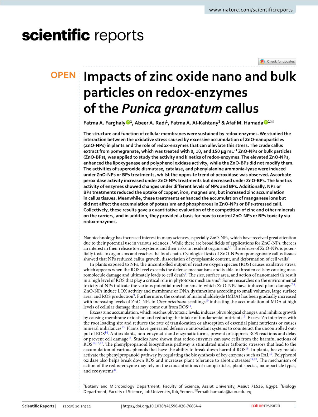 Impacts of Zinc Oxide Nano and Bulk Particles on Redox‑Enzymes of the Punica Granatum Callus Fatma A