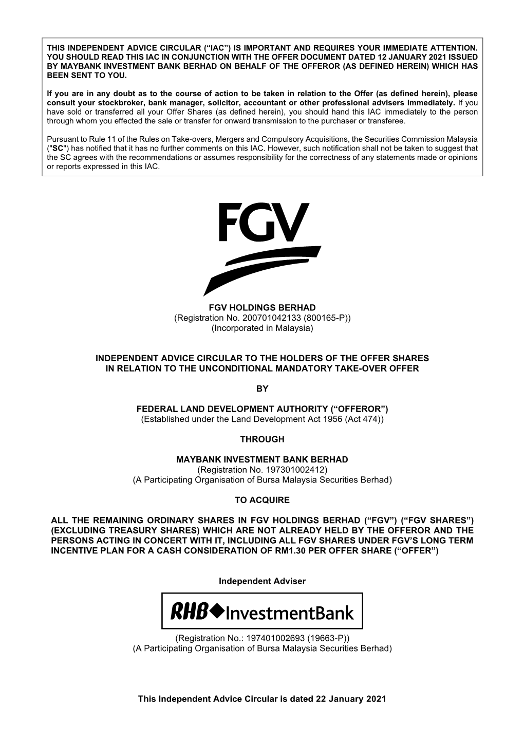 FGV HOLDINGS BERHAD (Registration No. 200701042133 (800165-P)) FGV(Incorporated HOLDINGS in Malaysia) BERHAD (Registrationfgv No