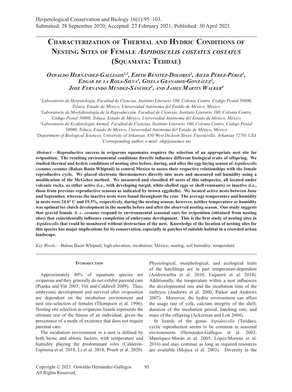 Characterization of Thermal and Hydric Conditions of Nesting Sites of Female Aspidoscelis Costatus Costatus (Squamata: Teiidae)