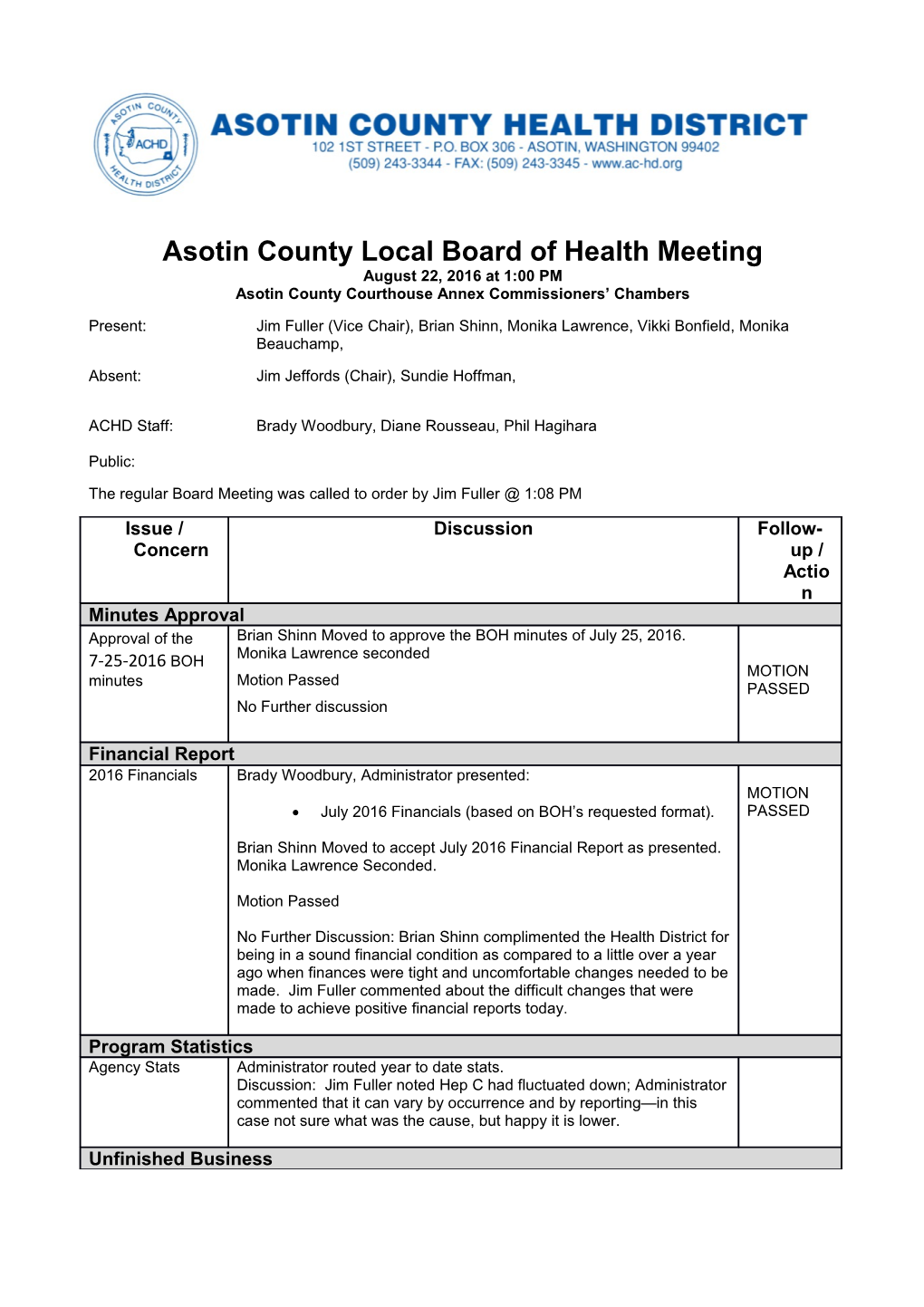 Asotin County Local Board of Health Meeting