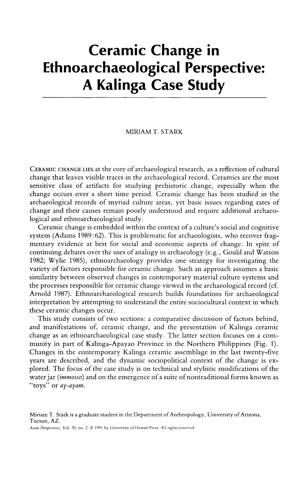 Ceramic Change in Ethnoarchaeological Perspective: a Kalinga Case Study