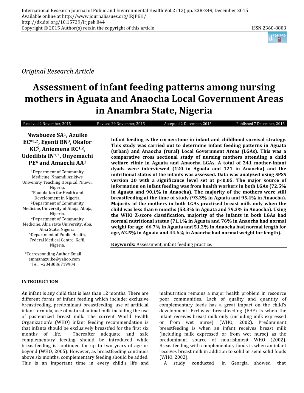 Assessment of Infant Feeding Patterns Among Nursing Mothers in Aguata and Anaocha Local Government Areas in Anambra State, Nigeria