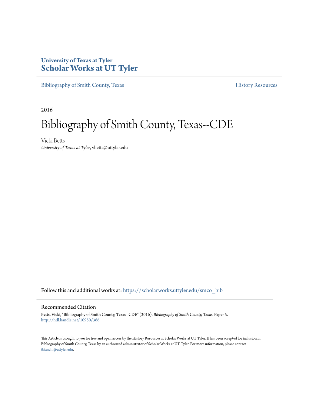 Bibliography of Smith County, Texas History Resources
